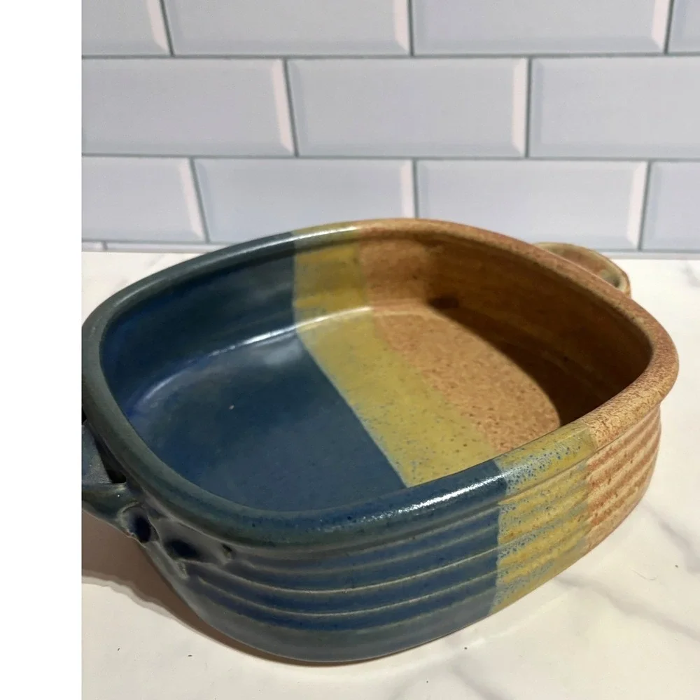 Studio Pottery Handcrafted Square Casserole Dish Blue Yellow Glazed Stoneware